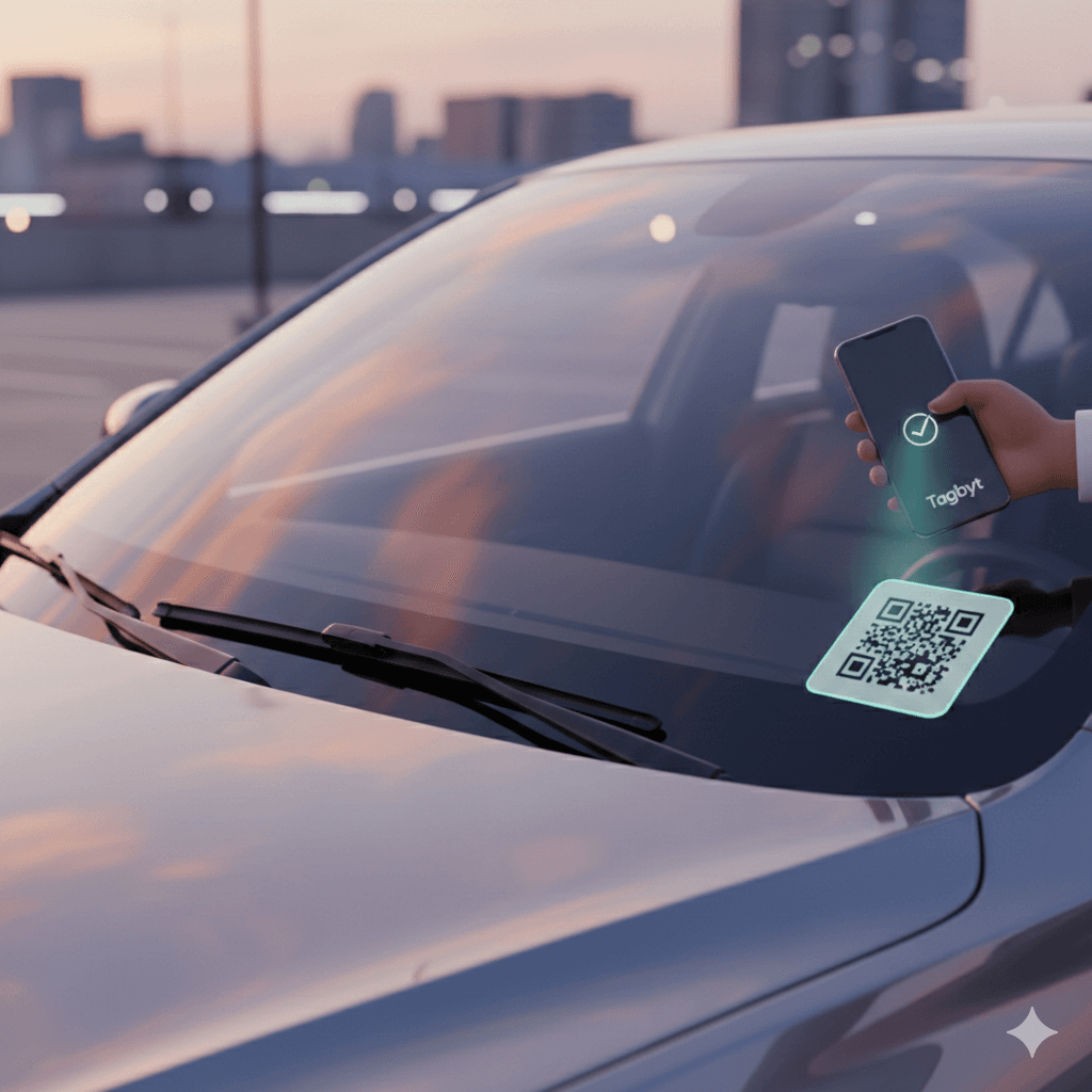 Tagbyt scan interaction near windshield showing successful owner contact